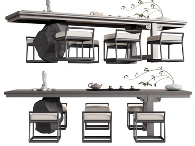 新中式长方形茶桌椅组合