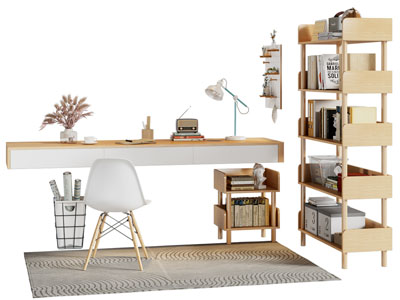 北欧实木书桌椅组合 书柜3d模型 北欧实木书桌椅组合 书柜