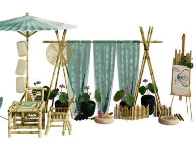 新中式竹编桌椅凳子 美陈 摆件组合