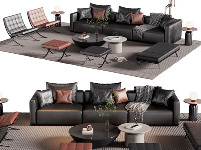 现代皮质多人沙发 休闲椅子和茶几组合