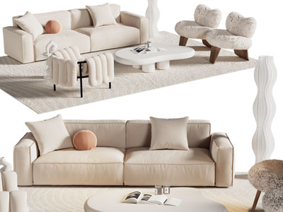 现代奶油风双人沙发 休闲椅子和茶几组合