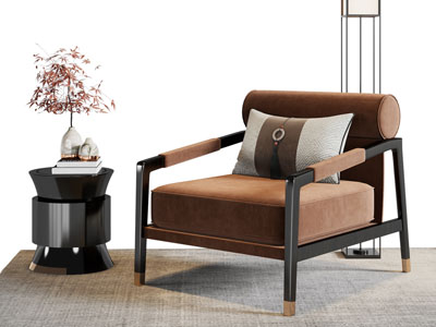 新中式休闲单人沙发 边几