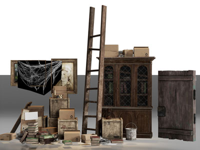 欧式破旧木质家具 书柜 箱子 梯子