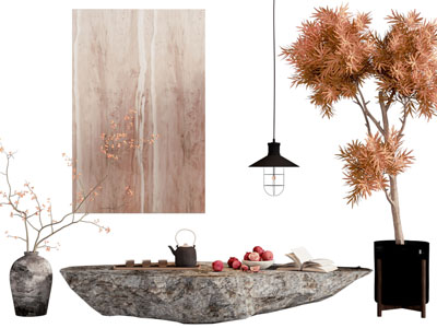 侘寂风石雕茶桌 装饰挂画