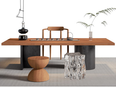 新中式长方形茶桌椅组合