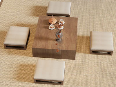 新中式实木长方形茶几 方形坐墩3d模型 新中式实木长方形茶几 方形坐墩