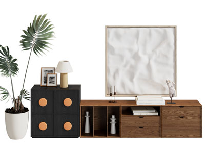 现代中古风电视柜 边柜 植物盆栽3d模型 现代中古风电视柜 边柜 植物盆栽