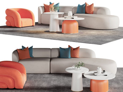 现代弧形多人沙发 单人沙发和茶几组合