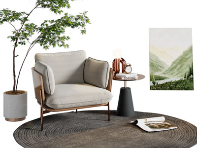 现代休闲单人沙发 边几 挂画