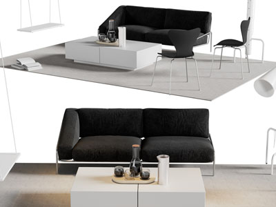 现代黑色双人沙发 休闲椅子和茶几组合