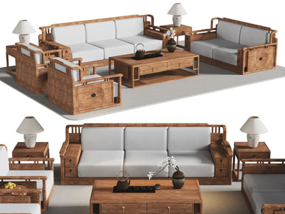 新中式实木多人 双人沙发和茶几组合