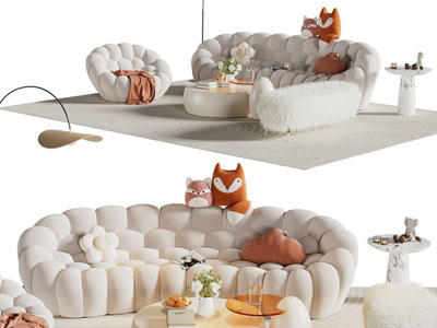 现代奶油风多人沙发 单人沙发和茶几组合