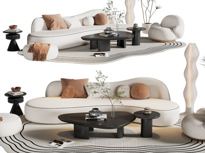 现代奶油风弧形多人 单人沙发 茶几组合