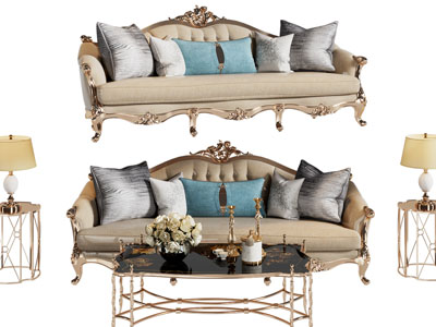 欧式铁艺雕花多人沙发 边几 茶几组合