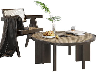 侘寂风实木休闲椅子 圆形茶几