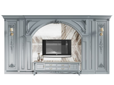 美式装饰雕花的电视背景墙 电视柜 电视机3d模型 美式装饰雕花的电视背景墙 电视柜 电视机