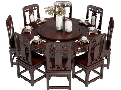 中式红木雕花圆形餐桌椅组合
