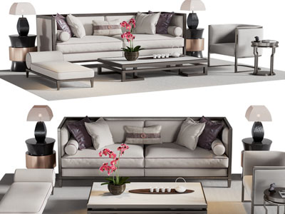 新中式双人沙发 单人沙发和茶几组合