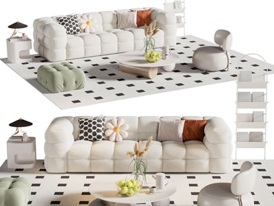 现代奶油风布艺多人沙发 休闲椅子和茶几组合