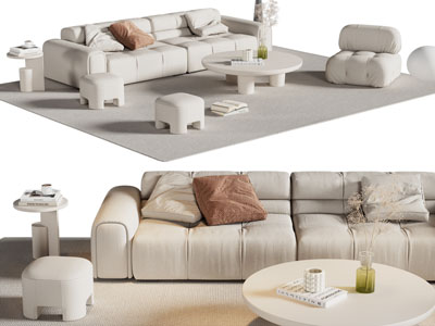 现代奶油风双人 单人沙发和茶几组合