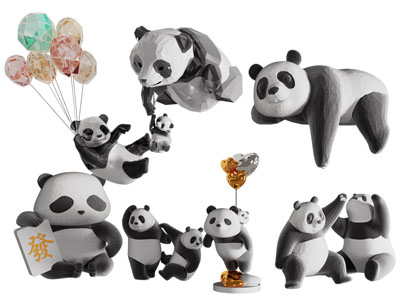 现代熊猫雕塑雕刻 摆件组合3d模型 现代熊猫雕塑雕刻 摆件组合