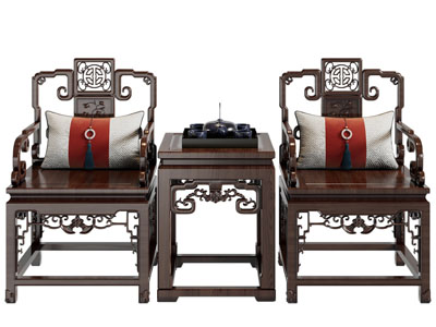 中式雕花实木扶手椅子 边几