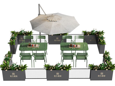 现代户外遮阳伞 花箱隔断 餐桌椅组合