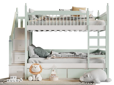 现代儿童带台阶的实木上下床 上下铺