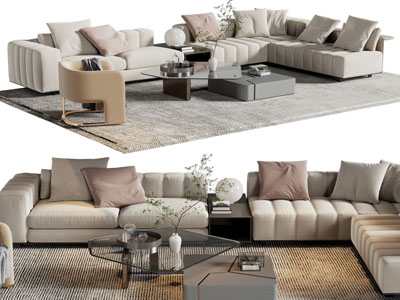 现代转角多人沙发 玻璃茶几组合