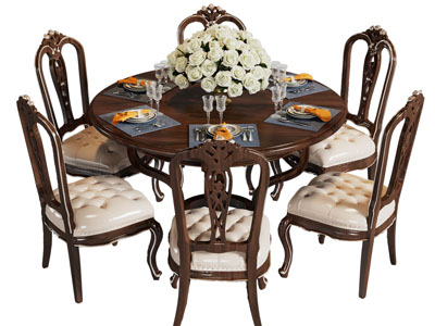美式实木圆形餐桌椅组合