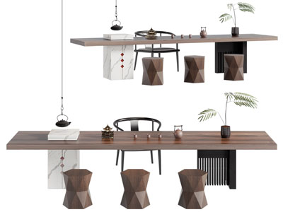 新中式长方形茶桌椅组合