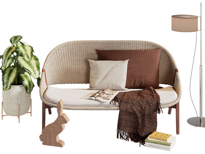 现代藤编多人沙发 花盆盆栽植物