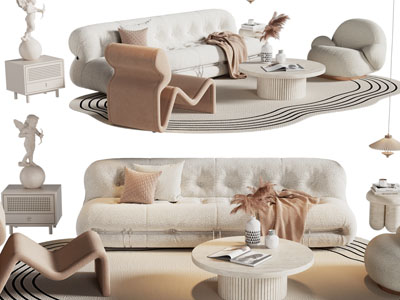 现代奶油风多人沙发 休闲椅子和茶几组合