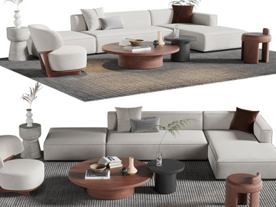 现代转角多人沙发 边几和茶几组合