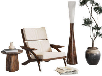 现代中古风休闲椅子 边几 落地灯