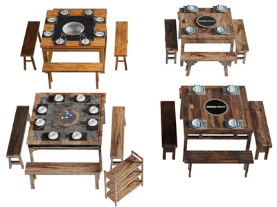 新中式实木方形火锅餐桌长凳组合