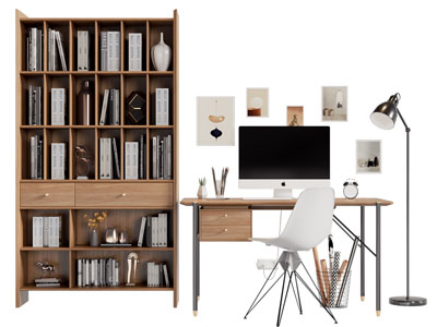 现代实木书柜 书桌椅组合3d模型 现代实木书柜 书桌椅组合