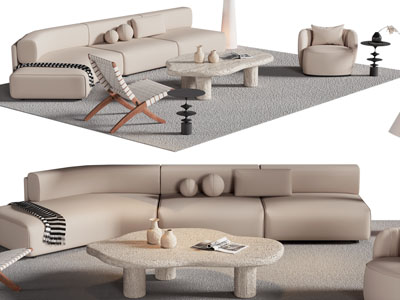 侘寂风弧形多人 单人沙发 茶几组合