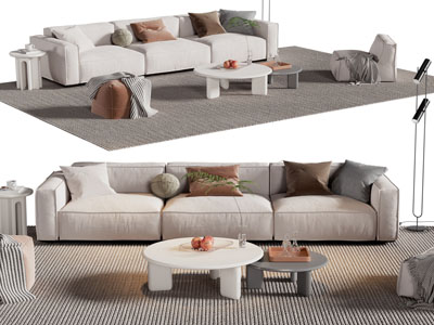 现代布艺多人沙发 沙发凳子和茶几组合