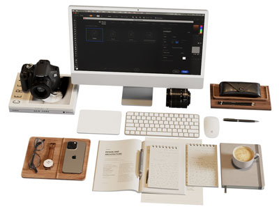 现代电脑 鼠标键盘 书本 相机摆件组合