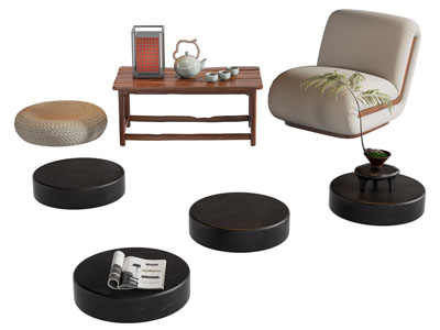 新中式圆形坐垫 懒人沙发 茶几 茶具杯子