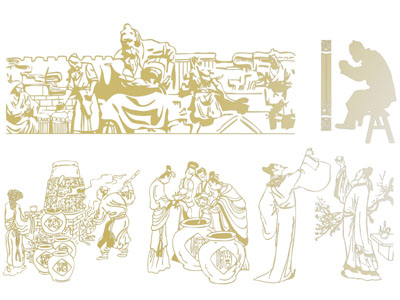 中式古人剪影 剪纸 墙饰 墙贴