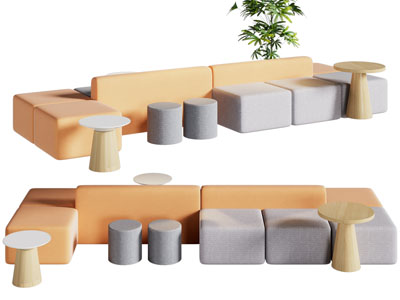 现代双向多人沙发 边几