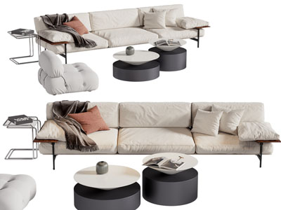 现代奶油风多人沙发 茶几组合