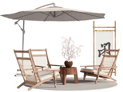 新中式实木休闲椅子 边几 遮阳伞