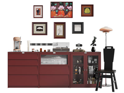 现代中古风玄关柜 餐边柜 装饰挂画3d模型 现代中古风玄关柜 餐边柜 装饰挂画