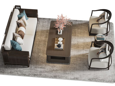 新中式多人沙发 单人沙发和茶几组合