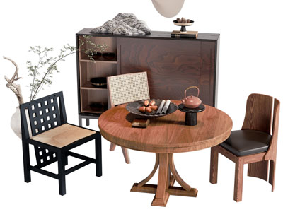 新中式中古风实木圆形餐桌椅组合 边柜