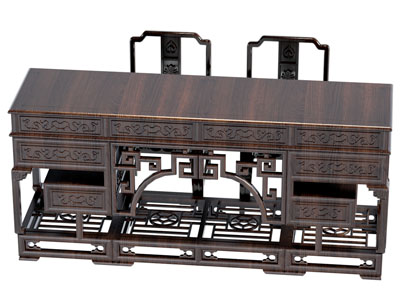 新中式实木雕花书桌椅组合3d模型 新中式实木雕花书桌椅组合
