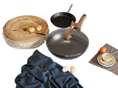 现代炒锅 平底锅 砧板 厨具组合